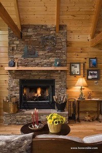 The fireplace mantel was fashioned from one of the red oaks that the Gilchrists cleared on the property. “When it’s cool enough to have a fire, we have one going almost all the time to sit in front of,” says Christine.