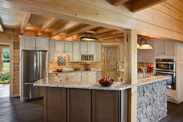 Interior, horizontal, kitchen, Cambridge Model, Crossville, Tennessee; Honest Abe Log Homes