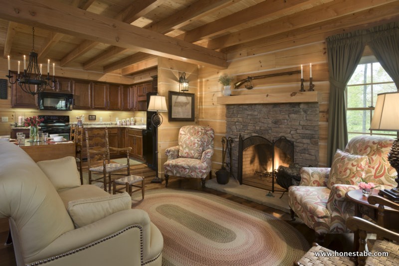 Interior, horizontal, living room toward kitchen, Clayton residence, Crossville, Tennessee; Honest Abe Log Homes