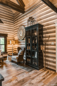 10" round log living room with bookcase